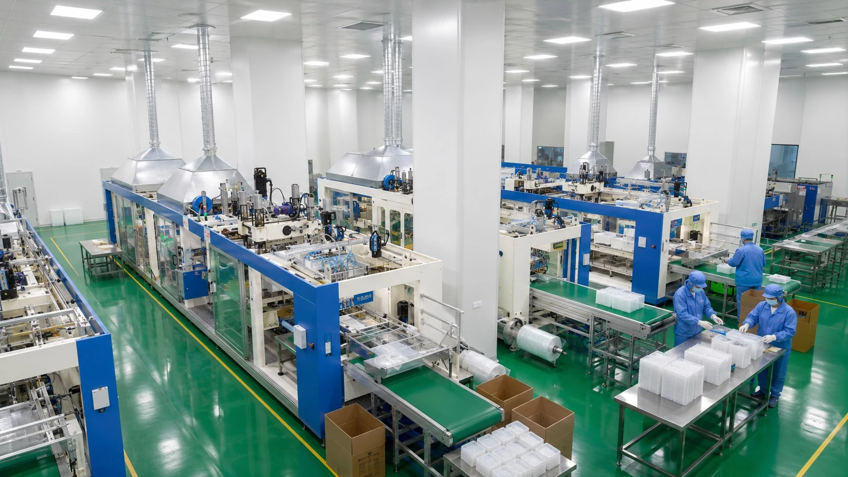 Automated thermoforming and packaging production lines in food-grade cleanroom