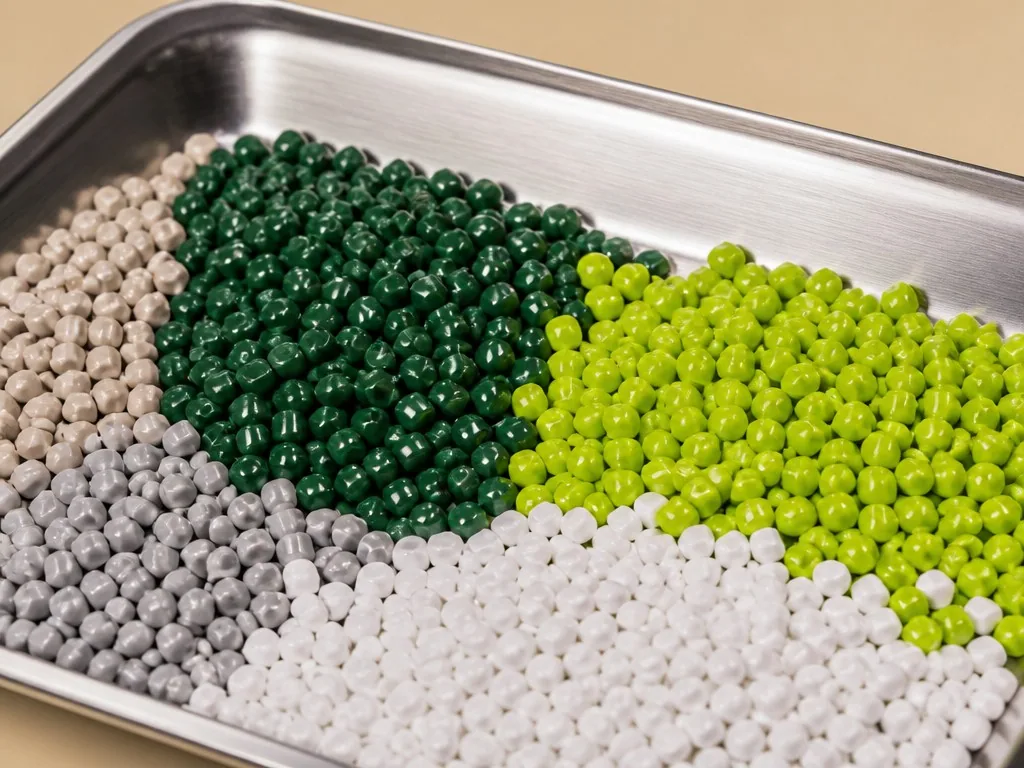 Color masterbatch pellets in a steel tray